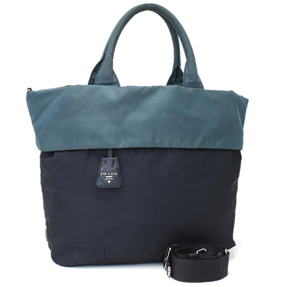 Prada bag tote Blue reversible DOUBLE nylon green Navy triangle TESSUTO - Picture 1 of 8